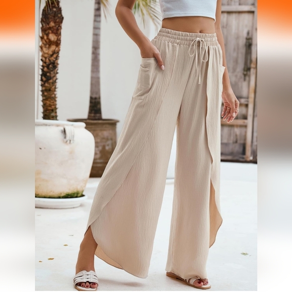 B Beige Split-Leg Pants XL| Boho Resort Style Wide Leg | Coastal Minimalist - Picture 2 of 11